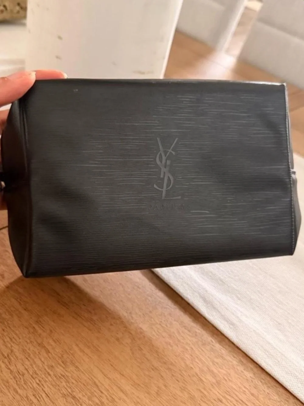 NWT Yves Saint Laurent YSL Embossed Black Leather Toiletry Pouch Makeup Bag